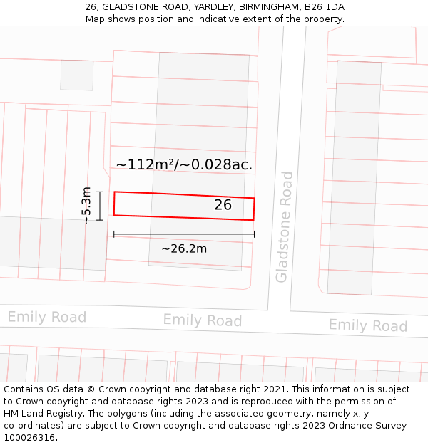 26, GLADSTONE ROAD, YARDLEY, BIRMINGHAM, B26 1DA: Plot and title map