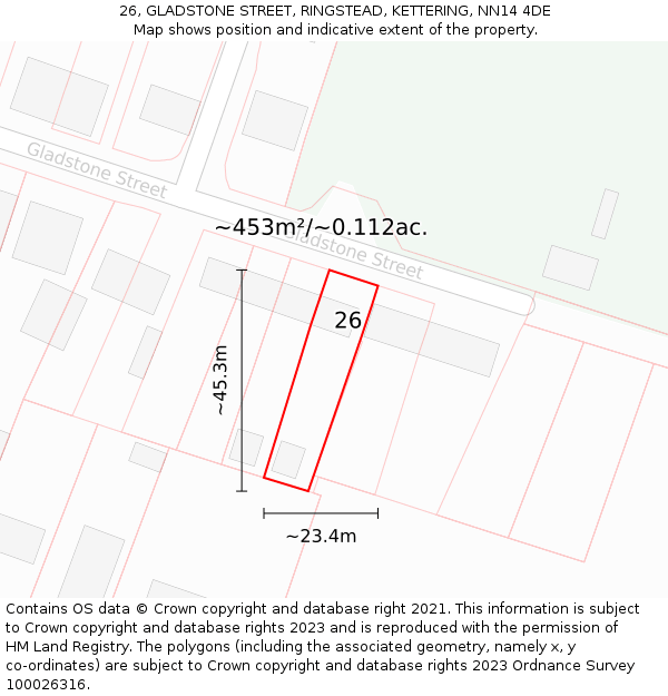 26, GLADSTONE STREET, RINGSTEAD, KETTERING, NN14 4DE: Plot and title map