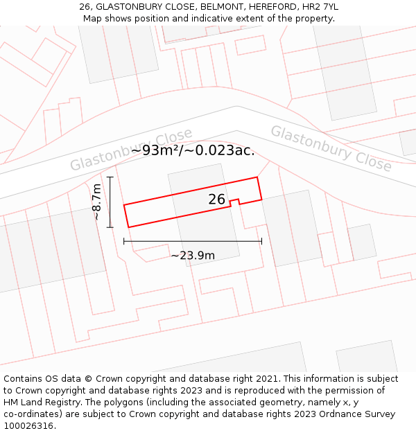 26, GLASTONBURY CLOSE, BELMONT, HEREFORD, HR2 7YL: Plot and title map