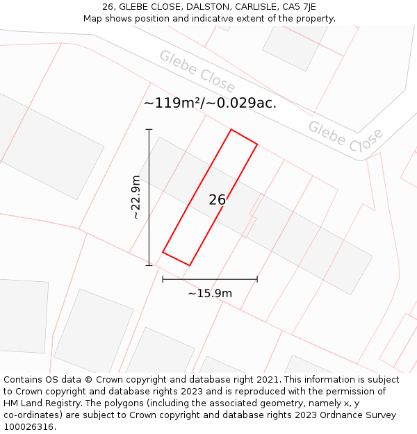 26, GLEBE CLOSE, DALSTON, CARLISLE, CA5 7JE: Plot and title map
