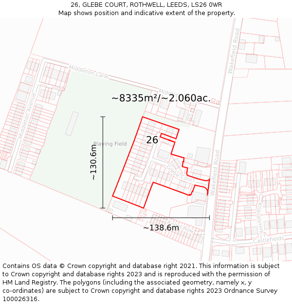 26, GLEBE COURT, ROTHWELL, LEEDS, LS26 0WR: Plot and title map