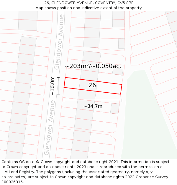 26, GLENDOWER AVENUE, COVENTRY, CV5 8BE: Plot and title map