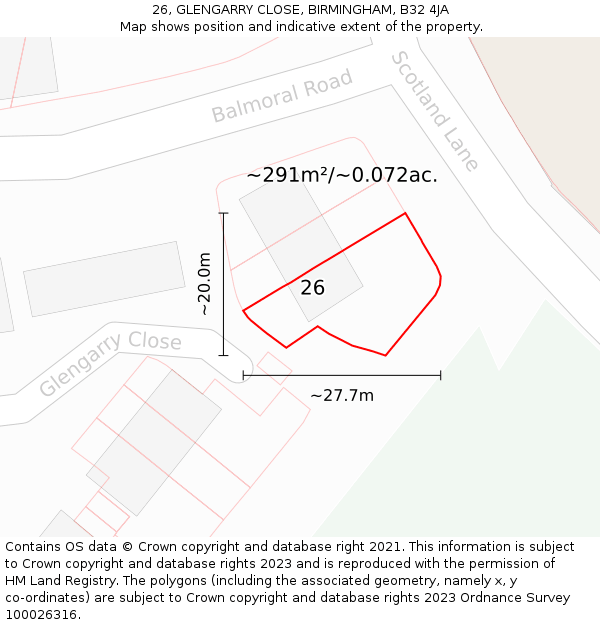 26, GLENGARRY CLOSE, BIRMINGHAM, B32 4JA: Plot and title map