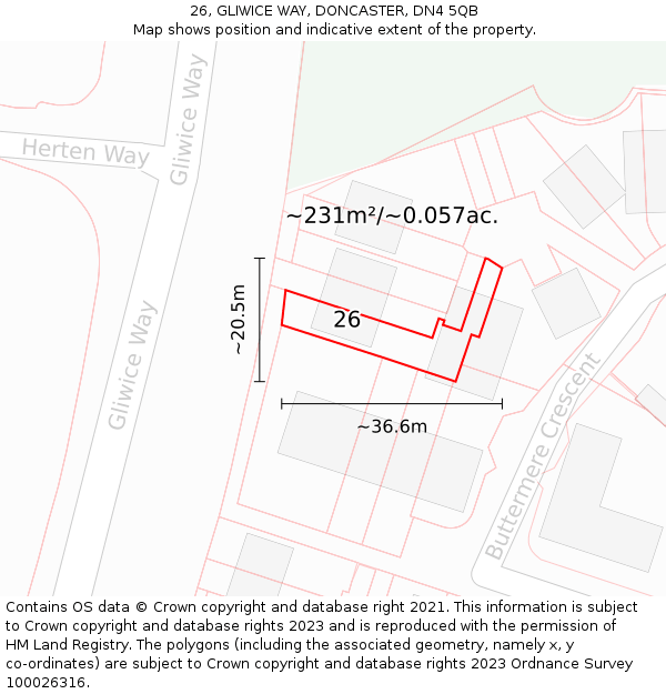 26, GLIWICE WAY, DONCASTER, DN4 5QB: Plot and title map