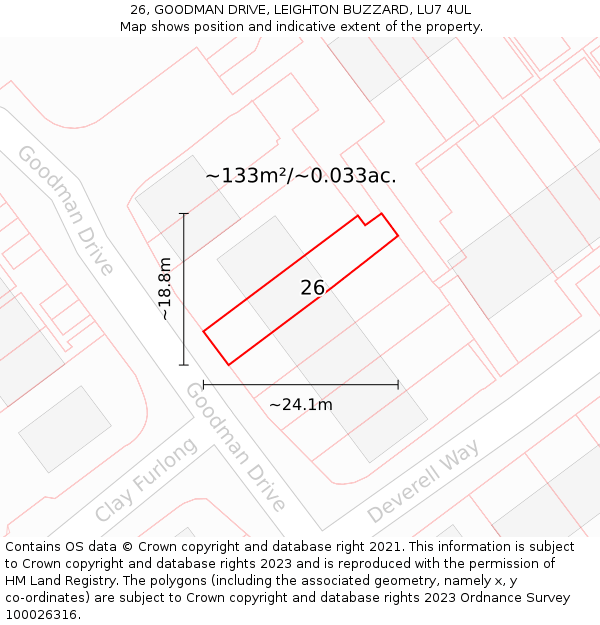 26, GOODMAN DRIVE, LEIGHTON BUZZARD, LU7 4UL: Plot and title map