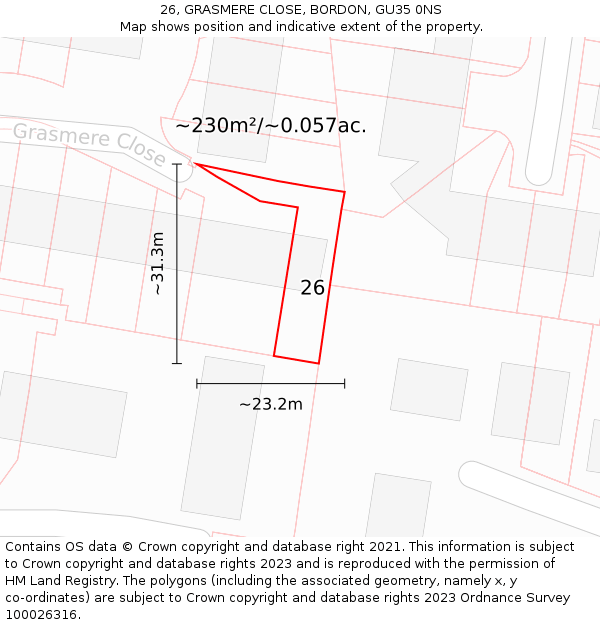 26, GRASMERE CLOSE, BORDON, GU35 0NS: Plot and title map