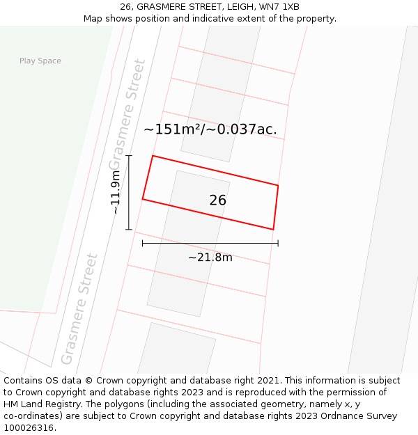 26, GRASMERE STREET, LEIGH, WN7 1XB: Plot and title map