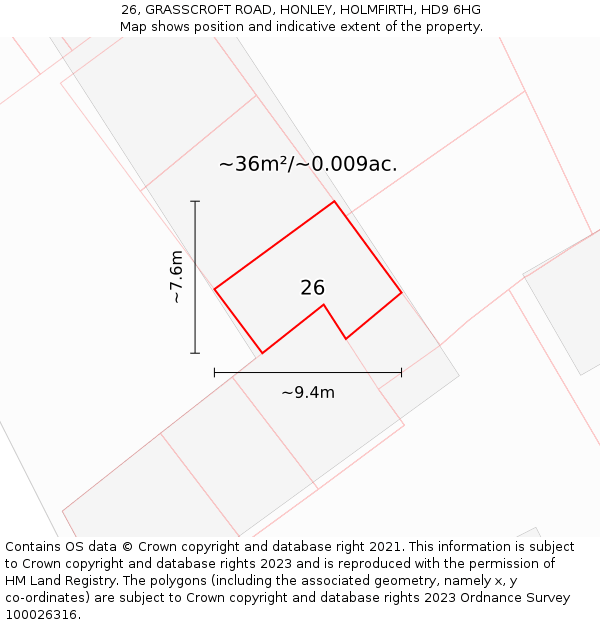 26, GRASSCROFT ROAD, HONLEY, HOLMFIRTH, HD9 6HG: Plot and title map