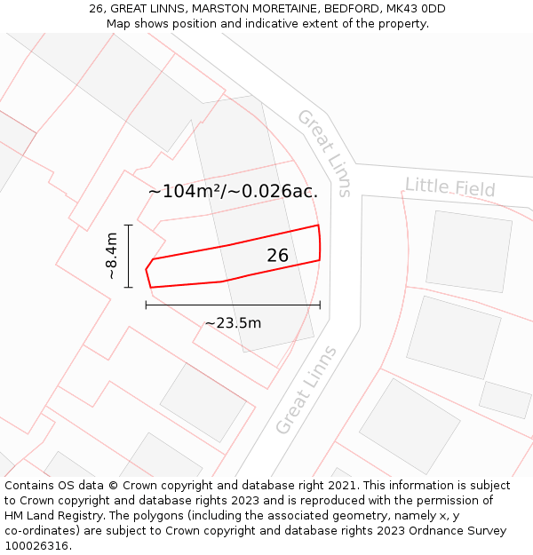 26, GREAT LINNS, MARSTON MORETAINE, BEDFORD, MK43 0DD: Plot and title map