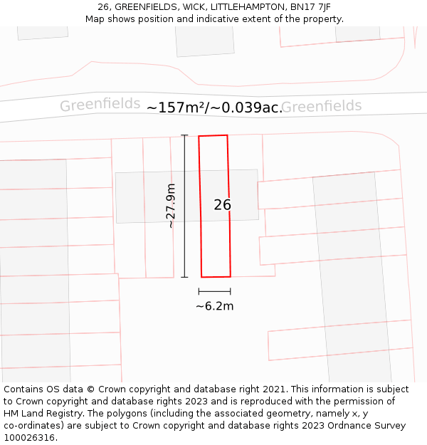 26, GREENFIELDS, WICK, LITTLEHAMPTON, BN17 7JF: Plot and title map