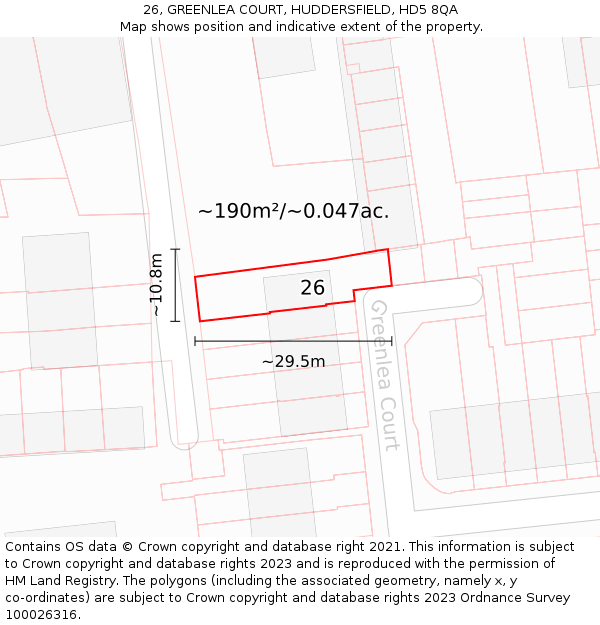 26, GREENLEA COURT, HUDDERSFIELD, HD5 8QA: Plot and title map