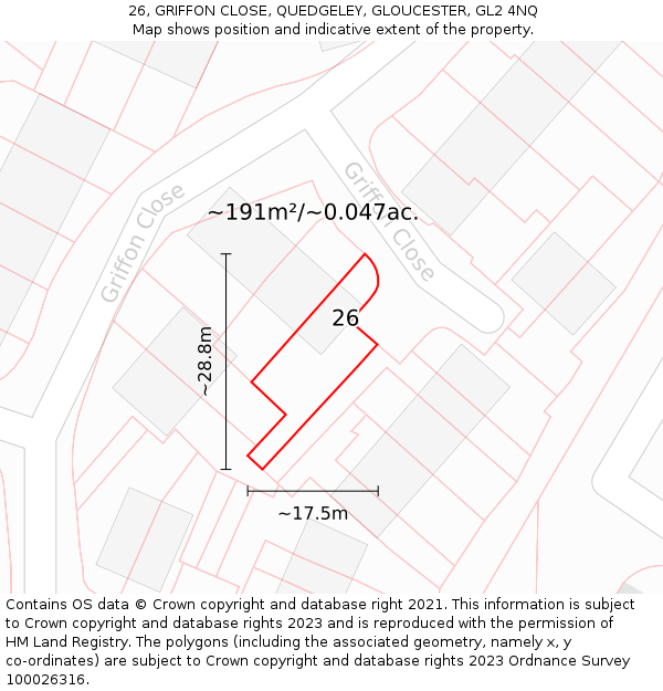 26, GRIFFON CLOSE, QUEDGELEY, GLOUCESTER, GL2 4NQ: Plot and title map