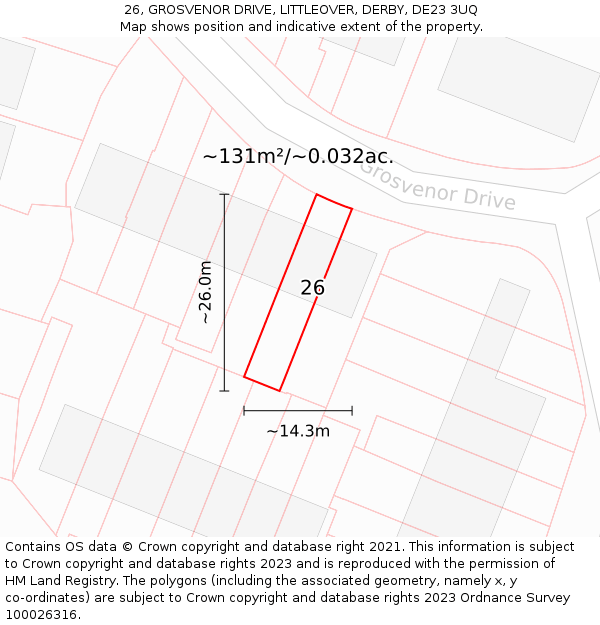 26, GROSVENOR DRIVE, LITTLEOVER, DERBY, DE23 3UQ: Plot and title map