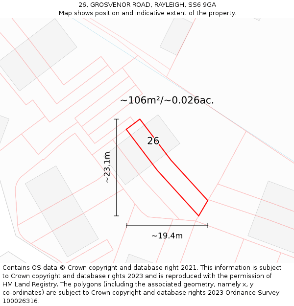 26, GROSVENOR ROAD, RAYLEIGH, SS6 9GA: Plot and title map