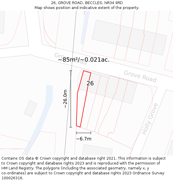 26, GROVE ROAD, BECCLES, NR34 9RD: Plot and title map