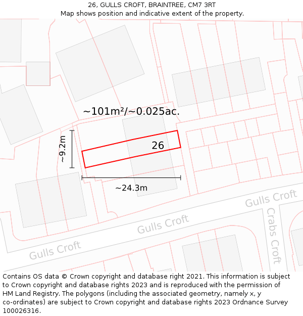26, GULLS CROFT, BRAINTREE, CM7 3RT: Plot and title map