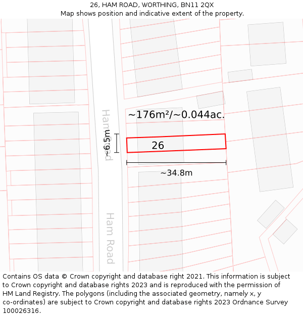 26, HAM ROAD, WORTHING, BN11 2QX: Plot and title map