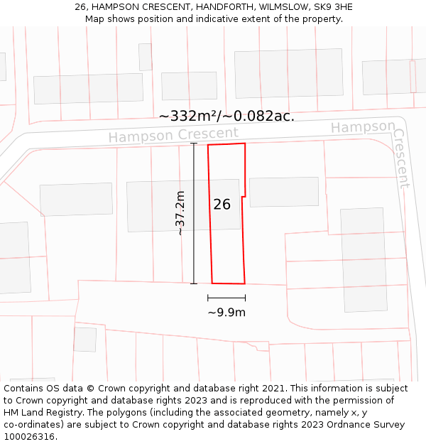26, HAMPSON CRESCENT, HANDFORTH, WILMSLOW, SK9 3HE: Plot and title map