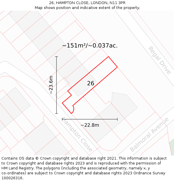 26, HAMPTON CLOSE, LONDON, N11 3PR: Plot and title map