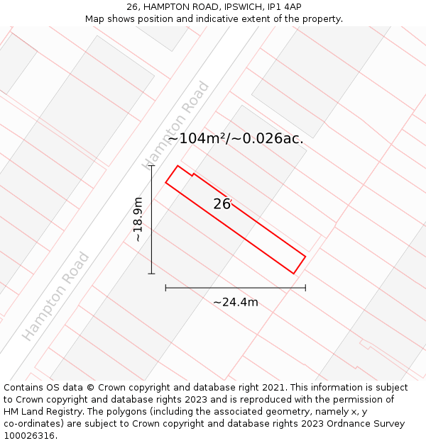 26, HAMPTON ROAD, IPSWICH, IP1 4AP: Plot and title map