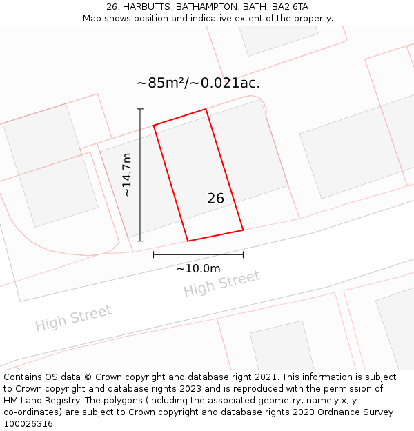 26, HARBUTTS, BATHAMPTON, BATH, BA2 6TA: Plot and title map