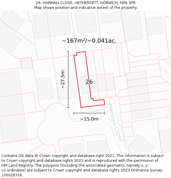 26, HARMAN CLOSE, HETHERSETT, NORWICH, NR9 3PR: Plot and title map