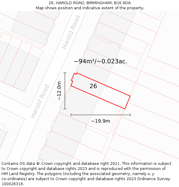 26, HAROLD ROAD, BIRMINGHAM, B16 9DA: Plot and title map