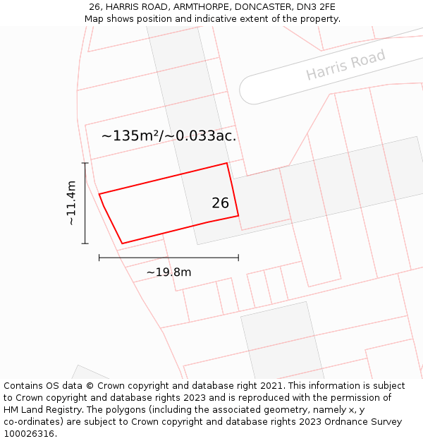 26, HARRIS ROAD, ARMTHORPE, DONCASTER, DN3 2FE: Plot and title map