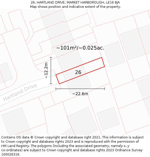 26, HARTLAND DRIVE, MARKET HARBOROUGH, LE16 8JA: Plot and title map
