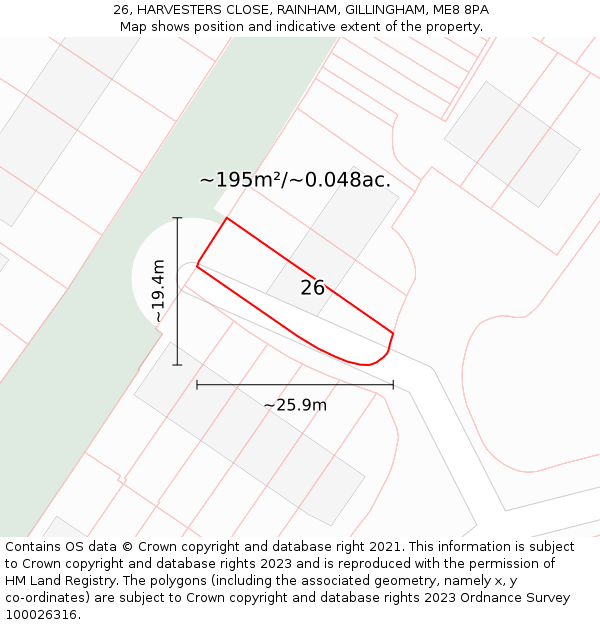 26, HARVESTERS CLOSE, RAINHAM, GILLINGHAM, ME8 8PA: Plot and title map