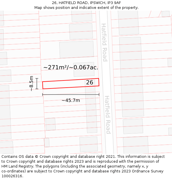 26, HATFIELD ROAD, IPSWICH, IP3 9AF: Plot and title map