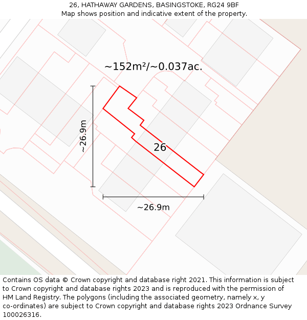 26, HATHAWAY GARDENS, BASINGSTOKE, RG24 9BF: Plot and title map