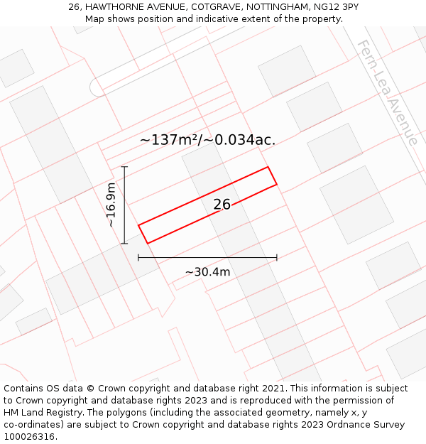 26, HAWTHORNE AVENUE, COTGRAVE, NOTTINGHAM, NG12 3PY: Plot and title map