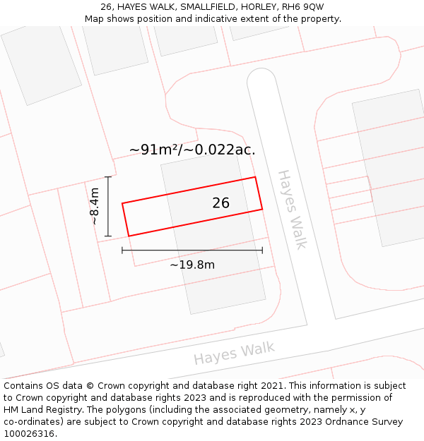 26, HAYES WALK, SMALLFIELD, HORLEY, RH6 9QW: Plot and title map