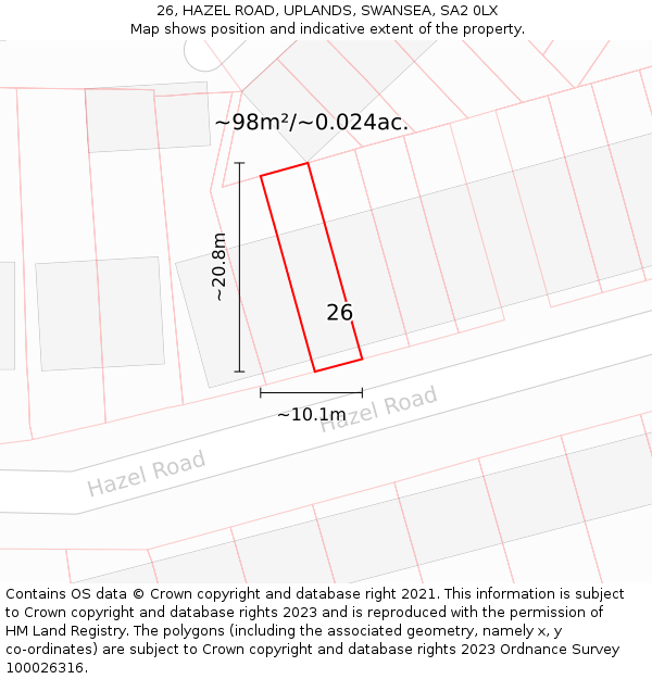 26, HAZEL ROAD, UPLANDS, SWANSEA, SA2 0LX: Plot and title map