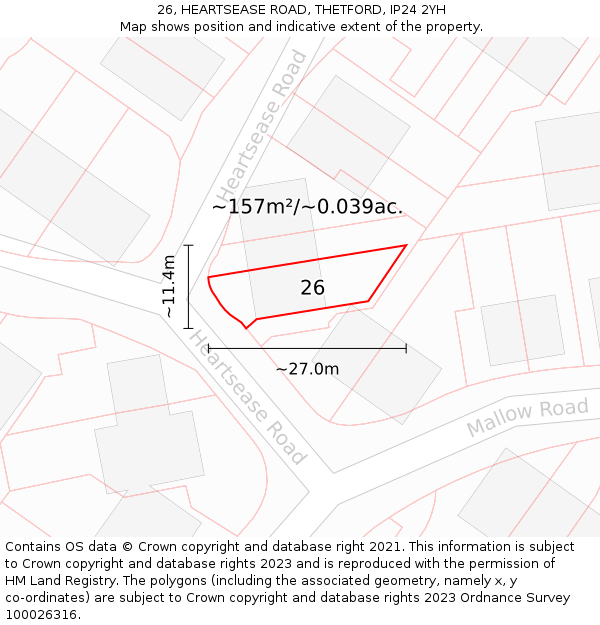 26, HEARTSEASE ROAD, THETFORD, IP24 2YH: Plot and title map