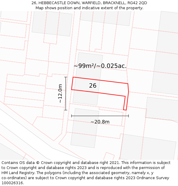26, HEBBECASTLE DOWN, WARFIELD, BRACKNELL, RG42 2QD: Plot and title map