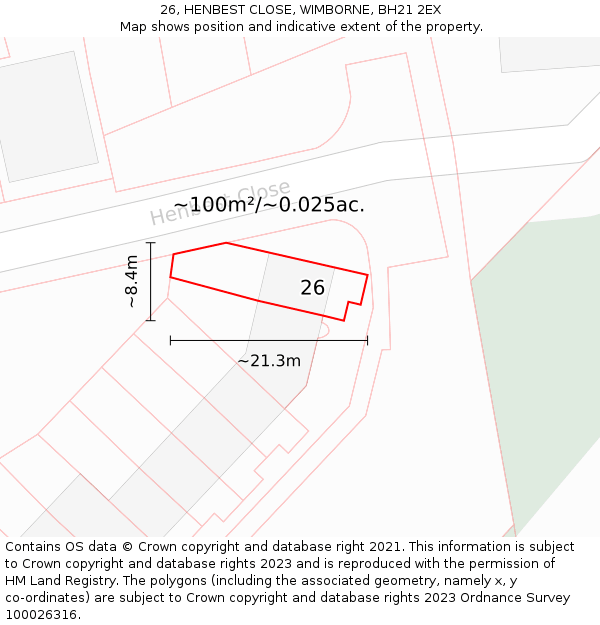 26, HENBEST CLOSE, WIMBORNE, BH21 2EX: Plot and title map