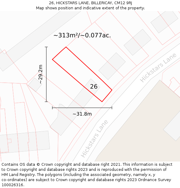 26, HICKSTARS LANE, BILLERICAY, CM12 9RJ: Plot and title map