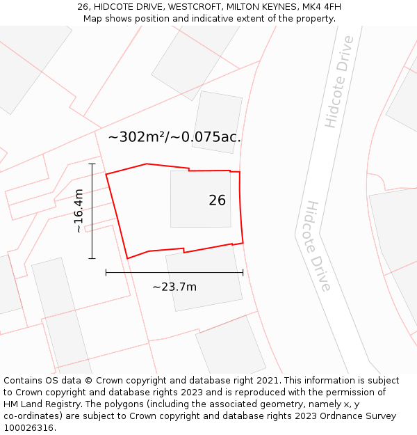 26, HIDCOTE DRIVE, WESTCROFT, MILTON KEYNES, MK4 4FH: Plot and title map
