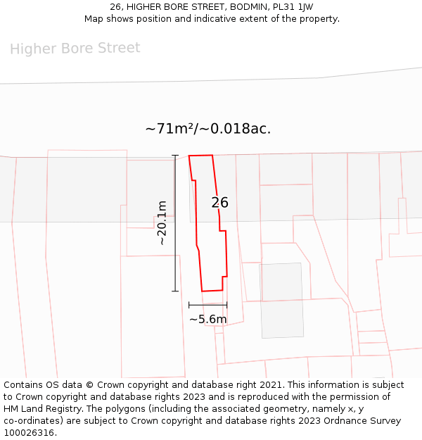 26, HIGHER BORE STREET, BODMIN, PL31 1JW: Plot and title map