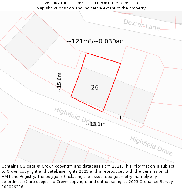 26, HIGHFIELD DRIVE, LITTLEPORT, ELY, CB6 1GB: Plot and title map