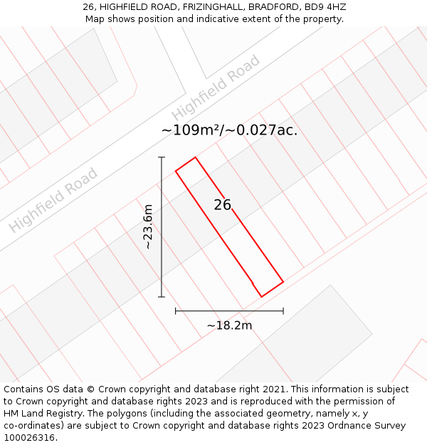 26, HIGHFIELD ROAD, FRIZINGHALL, BRADFORD, BD9 4HZ: Plot and title map