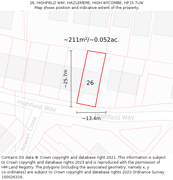 26, HIGHFIELD WAY, HAZLEMERE, HIGH WYCOMBE, HP15 7UW: Plot and title map