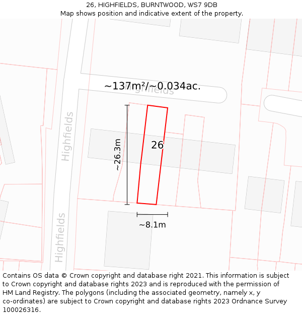 26, HIGHFIELDS, BURNTWOOD, WS7 9DB: Plot and title map