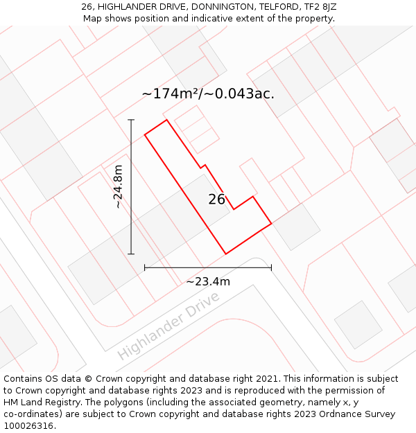 26, HIGHLANDER DRIVE, DONNINGTON, TELFORD, TF2 8JZ: Plot and title map