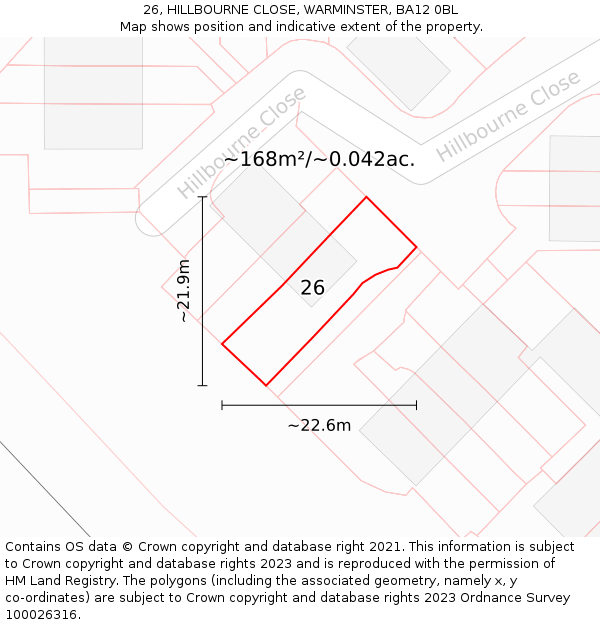 26, HILLBOURNE CLOSE, WARMINSTER, BA12 0BL: Plot and title map