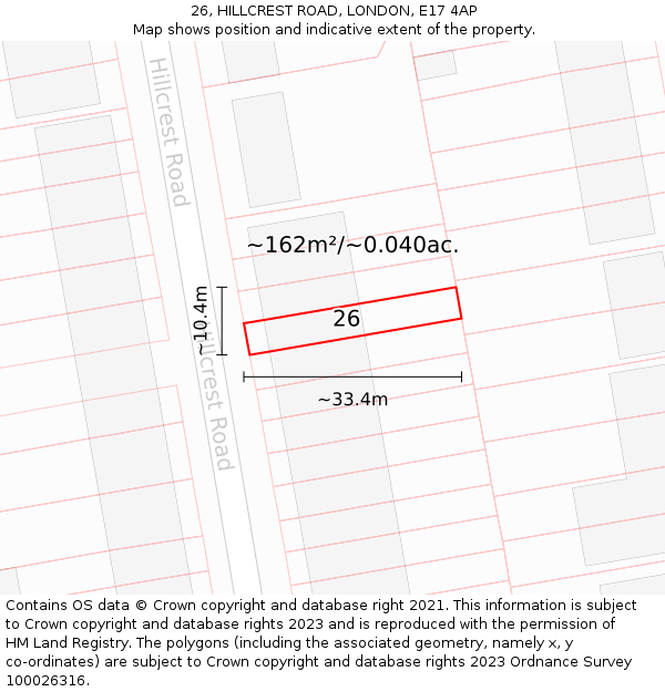 26, HILLCREST ROAD, LONDON, E17 4AP: Plot and title map