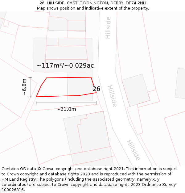 26, HILLSIDE, CASTLE DONINGTON, DERBY, DE74 2NH: Plot and title map