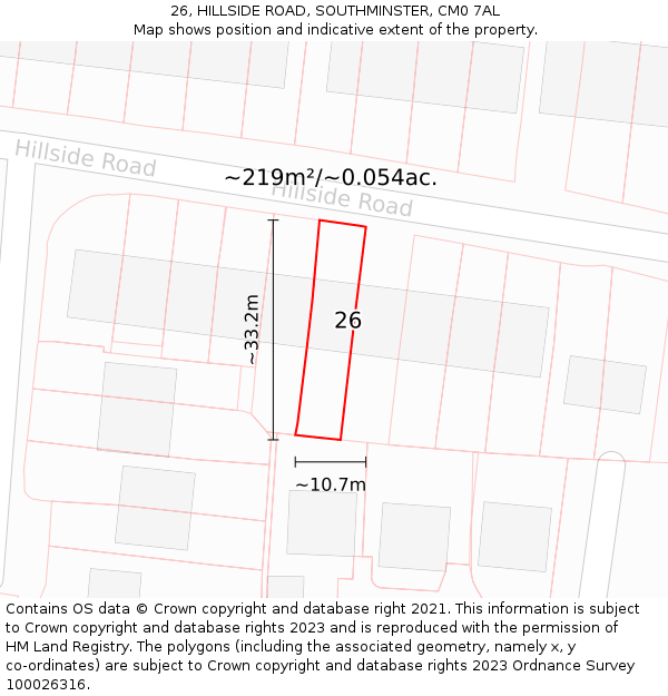 26, HILLSIDE ROAD, SOUTHMINSTER, CM0 7AL: Plot and title map